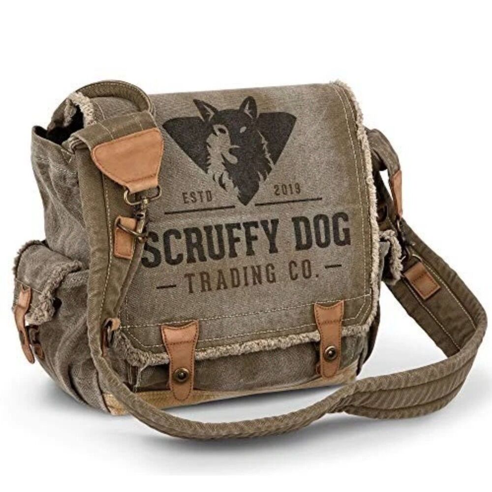Scruffy Dog Trading Co Vtg Messenger Khaki Canvas Tan Leather Shoulder Bag